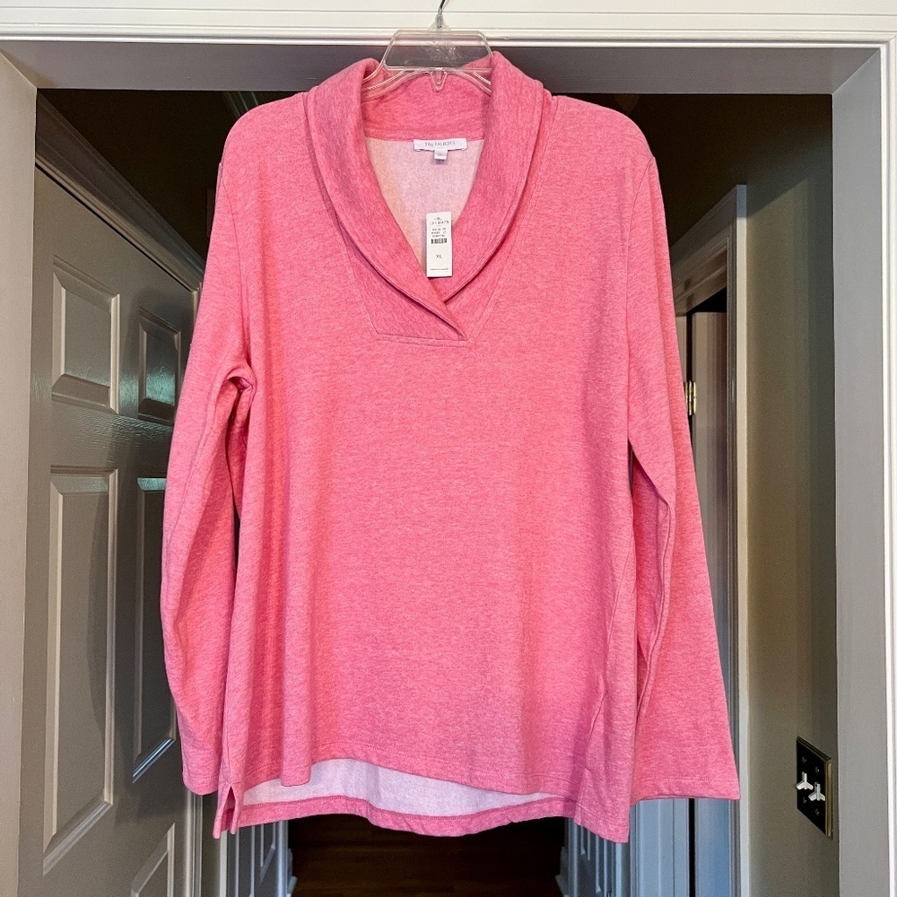 NWT T by Talbots Featherweight Fleece Shawl Neck Pullover Heather Pink Size XL